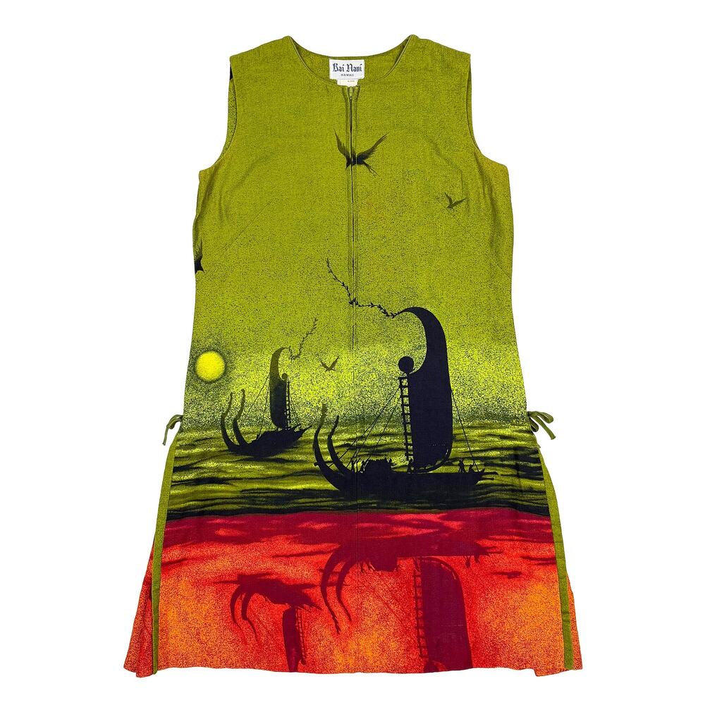 Kai Nani Hawaiian Shift Dress VTG 60s 70s Womens 12 Hawaii Scenic Green Zip Mod